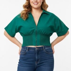 Maeve by Anthropologie Tommie Smocked Zip-Up Top Emerald Green XL